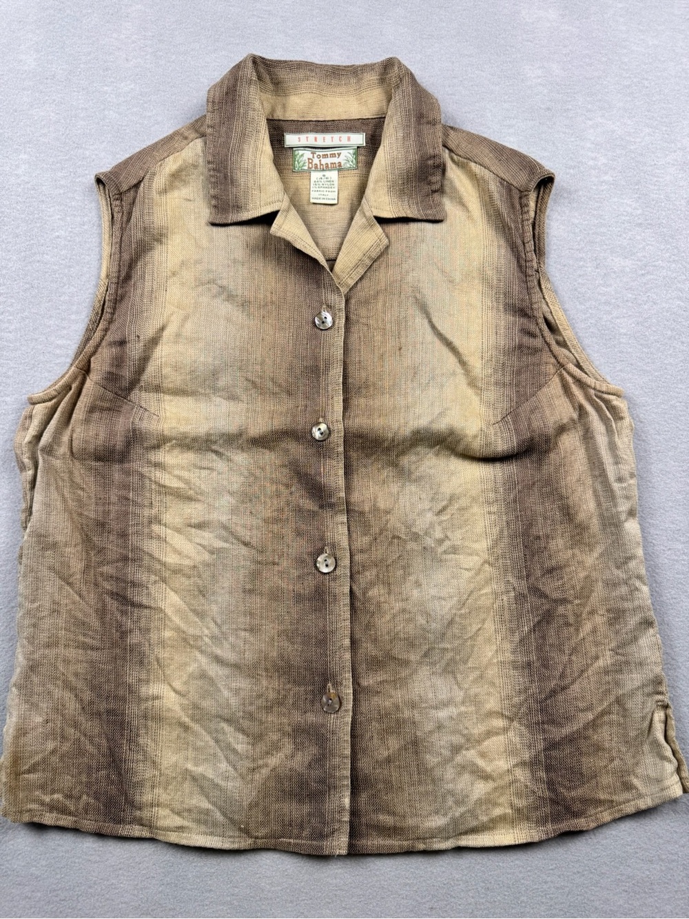 Vintage Tommy Bahama Womens Small (4/6) Brown Striped Linen Blend Button Shirt
